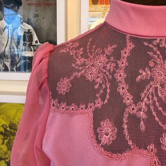 Vintage 70s Pink High-Neck Lace Long Sleeve Vintage Dress - Picture 5 of 11